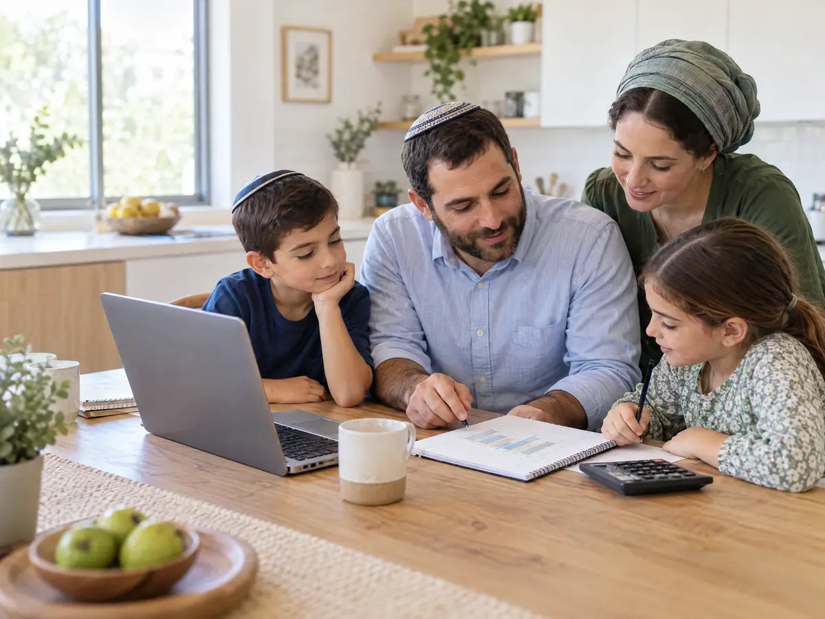 משפחה דתית בישראל מתכננת יחד את התקציב המשפחתי סביב שולחן המטבח